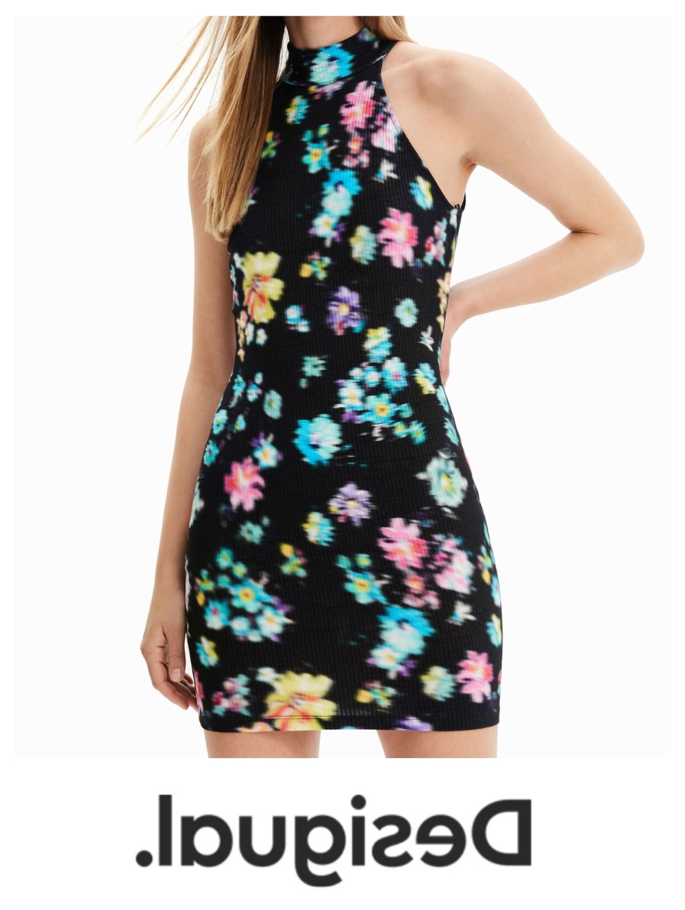 Desigual Black Ribbed Halter Mini Dress with Multicolor Blurred Floral Print 💠